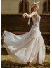 V Neck Ivory Lace Tulle Boho Hippie Wedding Dress